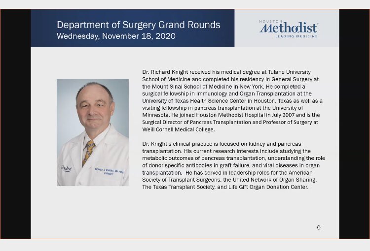 Come by and enjoy a fantastic virtual ground rounds @hmhsurgery <a href="/HMethodistMD/">Houston Methodist MD</a> by Dr. Richard Knight #transplantsurgeon #giantinthefield