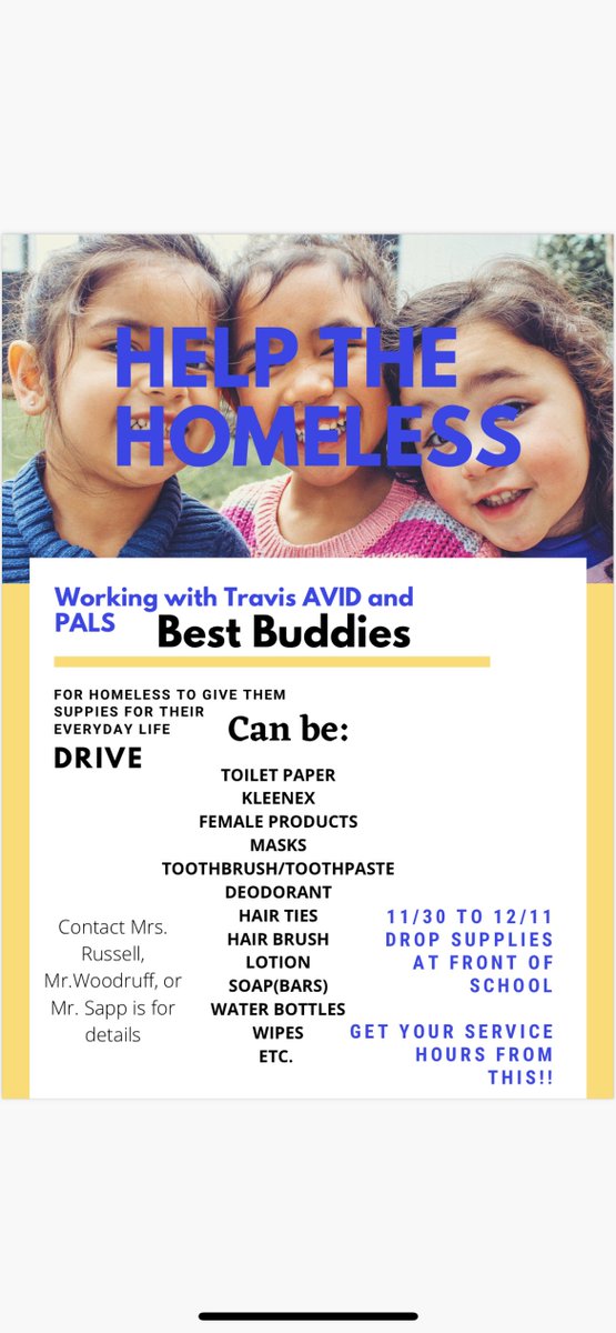 AVID, PALS, and Best Buddies are teaming up for a Toiletry drive to support the homeless in our area! Please bring any of the following supplies to help during this holiday season. Stock up over Thanksgiving, we will start collecting Nov 30! <a href="/THS_Tigers/">Travis High School</a> <a href="/TravisHS_AVID/">THS AVID</a>