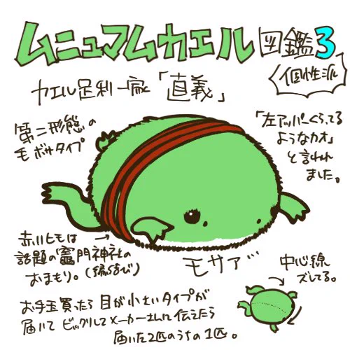 今日も体調がいまいちなのでカエル絵だけ上げて本読んで寝ます!
カエル南北朝メンバーズの直義です。尊氏?とは微妙な関係、義詮?とはなんだかんだセットです。 