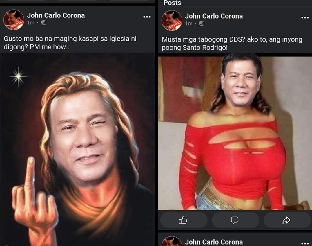 sren_head's tweet photo. @sns_undrtle Bukod kay AJ Aducal, isa na namang kupal na nangangalang "John Carlo Corona" ay nilalait at nilalapastangan ang litrato ni pangulong duterte at ginagawang katuwaan, pati si god, di nakaligtas sa kalokohan niya sa fb.. https://t.co/mQzOhJRA7K