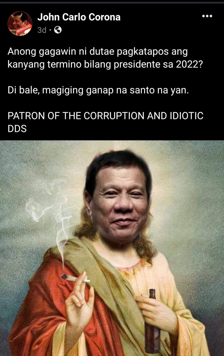 sren_head's tweet photo. @sns_undrtle Bukod kay AJ Aducal, isa na namang kupal na nangangalang "John Carlo Corona" ay nilalait at nilalapastangan ang litrato ni pangulong duterte at ginagawang katuwaan, pati si god, di nakaligtas sa kalokohan niya sa fb.. https://t.co/mQzOhJRA7K