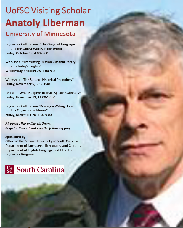 UofSCLing's tweet photo. Be sure not to miss UofSC Visiting Scholar Dr. Anatoly Liberman's final colloquium of the semester this Friday, 11/20 from 4-5pm on the origin of idioms! https://t.co/wvy4dAYBbU