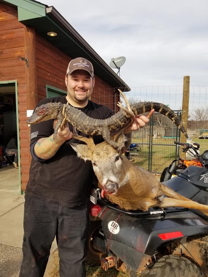 deerhuntingmag's tweet photo. An 🐊 in Minnesota⁉️ Cory Klocek killed this 10-pointer during the Minnesota gun opener. As he was tracking the deer, he looked down to find a 3-foot alligator 10 feet in front of him. 🤯 The game warden said he could shoot and keep the gator. 2020 has been quite the year! https://t.co/xGCRpbeHqX