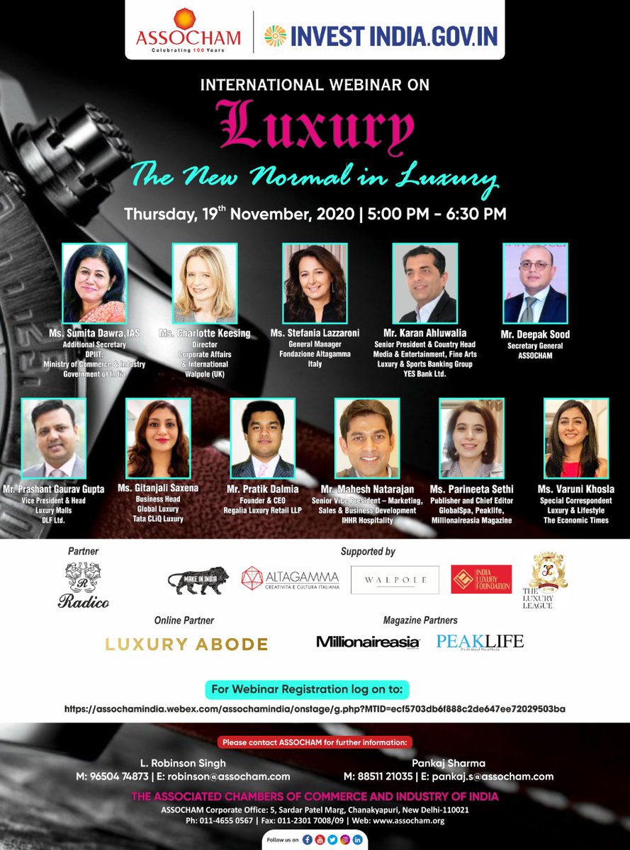 Catch Ms <a href="/parineetasethi/">Parineeta Sethi</a> Sethi, Chief Editor, PeakLife speaking at the webinar on "The new normal in Luxury" on 19th November 2020, Thursday at 5:00 pm to 6:30 pm, hosted by <a href="/ASSOCHAM4India/">ASSOCHAM</a>
Click link in below to register now!
assochamindia.webex.com/assochamindia/…

#luxury #peaklife