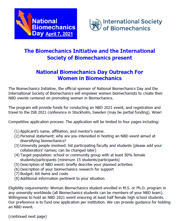 BiomechanicsDay's tweet image. #NBD2021 is giving back to the #Biomechanics community through grant programs. We are collaborating with @ISBiomechanics on #Outreach for Women in Biomechanics, thebiomechanicsinitiative.org/mesmerize/new-… to support NBD events and travel to #ISB2021 is Stockholm. @SweBiomech @SBiomecanique