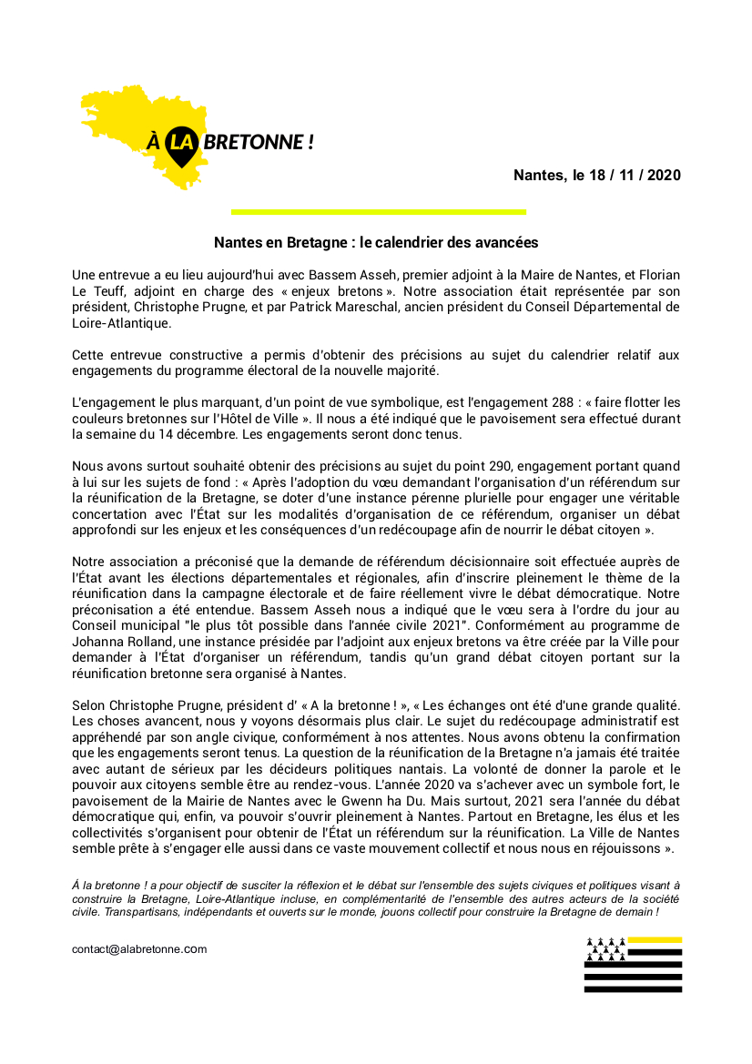 alabretonne's tweet photo. #Bretagne à 5⃣ : entrevue à #Nantes avec le 1er adjoint et l'adjoint aux enjeux bretons. Les engagements seront tenus, le calendrier a été précisé. 2020 va s'achever avec le drapeau breton sur la mairie nantaise et 2021 débutera avec un grand débat démocratique. Communiqué⬇️ https://t.co/FNiW3s8GEB