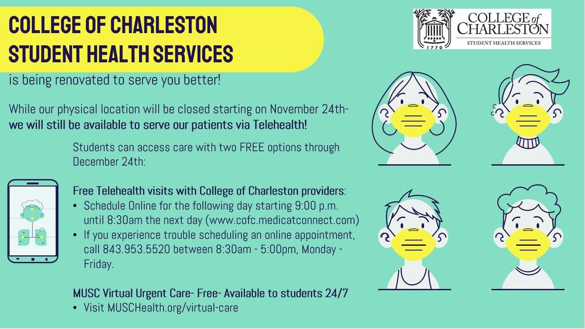 cofccepe's tweet photo. CofC Student Health Services is being renovated to serve you better via Telehealth..
#CofC #CEPE #Health #Telehealth https://t.co/97aOP4Wbmh