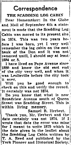 YorkPioneers's tweet photo. When was #ScaddingCabin moved to the Exhibition Grounds? In 1951, a Globe reader and Leslieville resident responded to the newspaper's 'Homemaker' column, disputing that the log cabin moved in 1874. It was indeed 1879 -- a typo by the writer! https://t.co/fnPmFg3Xjy
