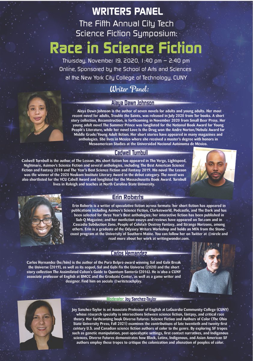 You can still register for the @CityTechSF Symposium! Asimov's authors @alayadj, @CadwellTurnbull & @nirele join @WriteTeachPlay & @JsanchezTaylor for a lively conversation on writing race in SF. Sign up here: ow.ly/R8Qf50CnVfd