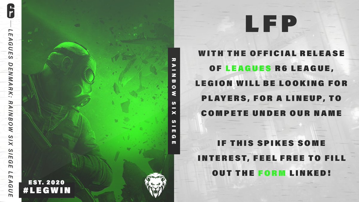 [#Announcement] - R6 Seige LFP
 
We are looking to join the R6 scene in the new <a href="/Leagues_GG/">Leagues.gg</a> pro scene

We are currently searching for 5 players and a coach
 
Apply here to get a tryout for Legion Green:
forms.gle/ETqz6YTEF8iNbX…
Application for coaches:
forms.gle/kHjuALF8NuDnB3…
🦁