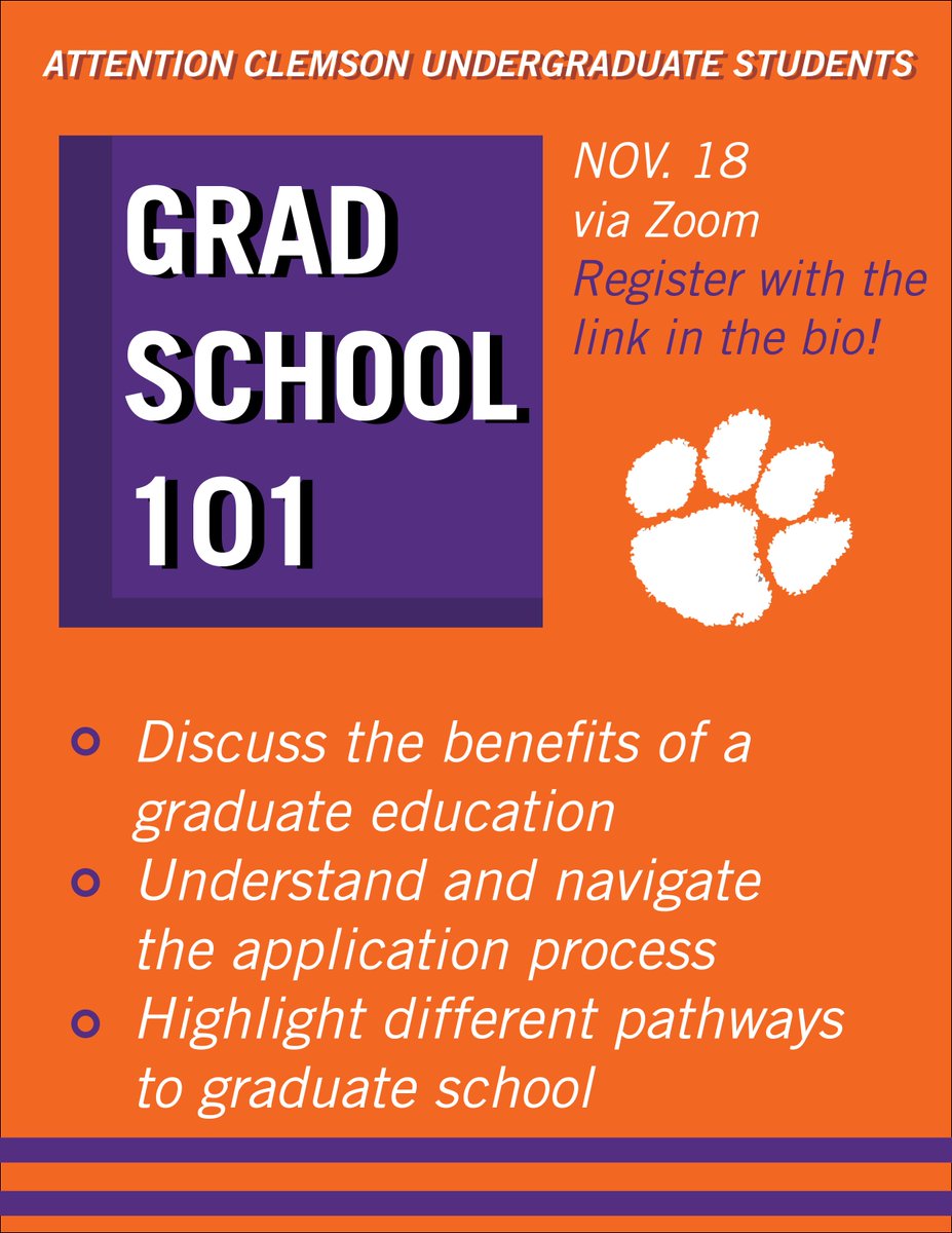ATTENTION Clemson Undergraduate Students:

Learn about the perks of attending graduate school, today at 12:00 PM EST via Zoom!

Register with this link: admit.applyweb.com/events/registe…
