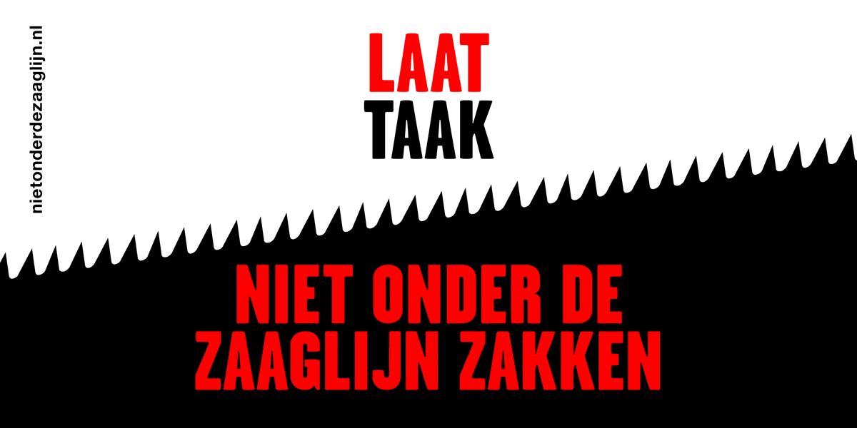 Laat de TAAK niet onder de zaaglijn zakken door #NIETONDERDEZAAGLIJN te delen!
 
Met deze actie roepen wij de minister <a href="/ivanengelshoven/">Ingrid van Engelshoven</a> @minocw op om aanvullend budget beschikbaar te stellen voor 14 positief beoordeelde #kunstinstellingen.
 
Lees de brief: bit.ly/38v0ysE