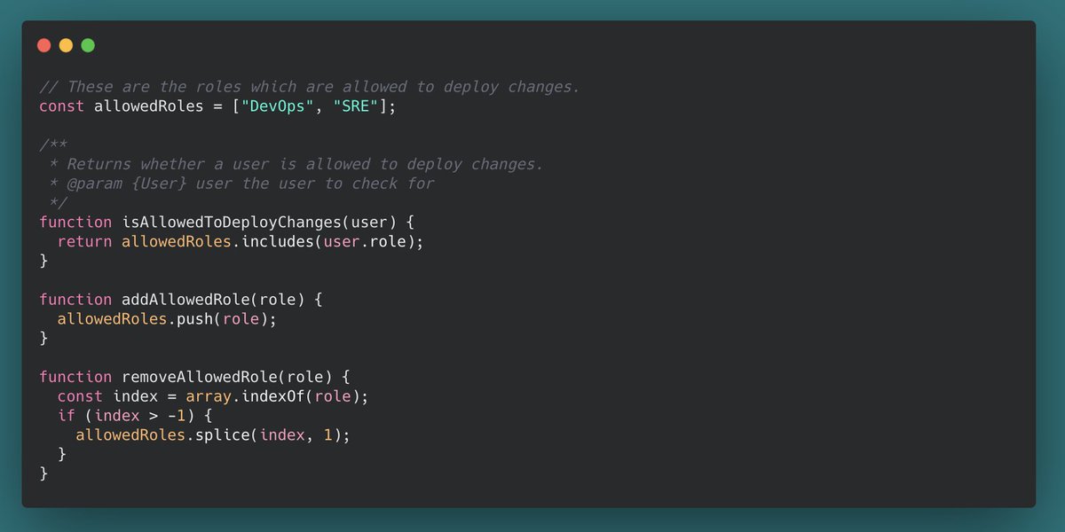  Applying the principleLet's try to fix the example code above and make it conform with the Open Closed principle.If that piece of code should be open for extension, it has to allow users to modify the roles that are allowed to deploy.