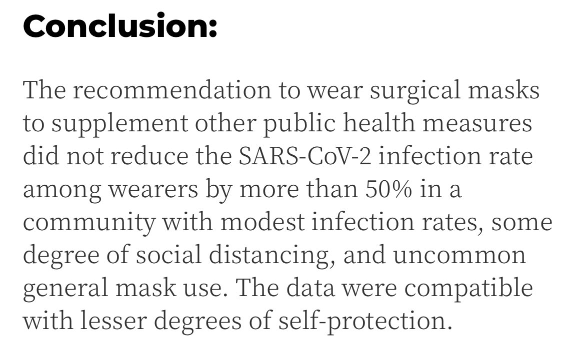 justin_hart's tweet photo. 6000 people in a randomized trial is a pretty strong baseline of data points. Half were given masks (surgical) half went about their day without masks. 

Statistically no difference. 40 to 50 people in each group got infected. 

Will the CDC revise their erroneous recommendation? https://t.co/loueNTTkrH