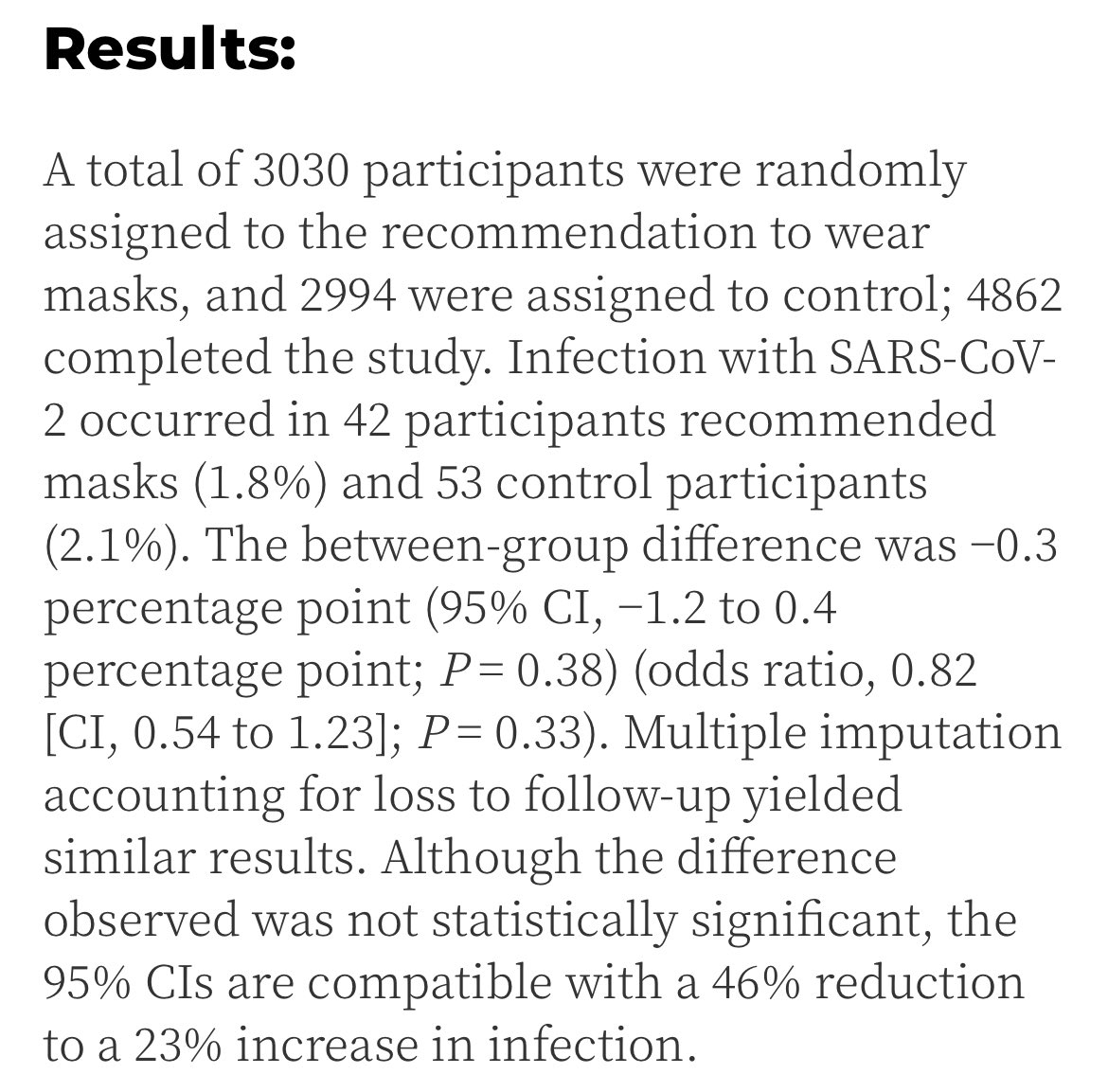 justin_hart's tweet photo. 6000 people in a randomized trial is a pretty strong baseline of data points. Half were given masks (surgical) half went about their day without masks. 

Statistically no difference. 40 to 50 people in each group got infected. 

Will the CDC revise their erroneous recommendation? https://t.co/loueNTTkrH