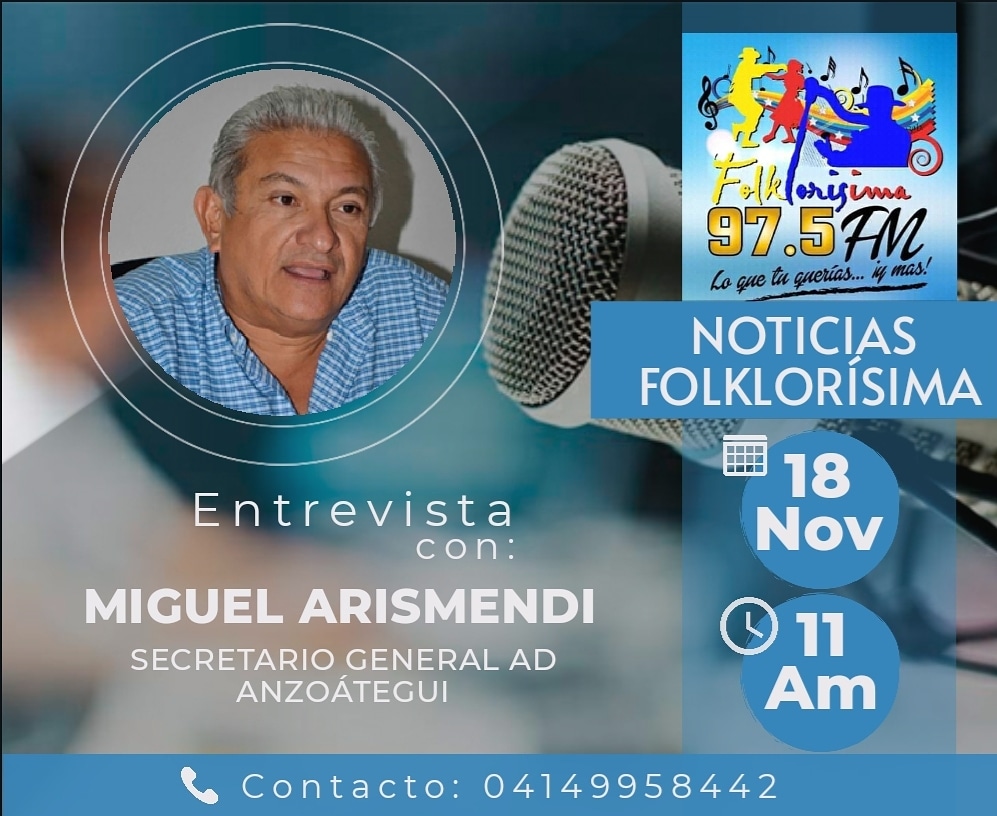 miguelarismendi's tweet photo. ESCUCHAME HOY #18nov • Por @folklorisimafm en el Programa "Noticias Folklorisima" por la 97.5fm a las 11am.
 #Anaco
_
#ADNoVaAlFraude6D 
@ADemocratica https://t.co/BAwIPmAVNl