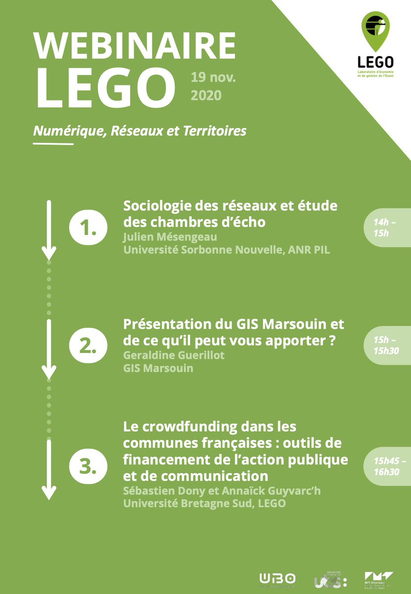 ❗️Chercheurs du LEGO, à vos agendas ! 📅

Demain, le domaine d'expertise Numérique, Réseaux et Territoires est à l'honneur dans le premier webinaire thématique du labo. RDV à 14h pour 3 présentations.

#labolego #numerique #reseaux #territoires