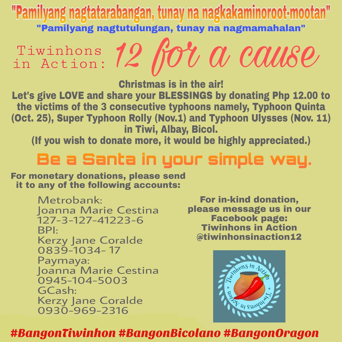 onlyforYOO228's tweet photo. "12 FOR A CAUSE"
Christmas is in the air!
Donate Php 12.00 and be a Santa in your own simple ways this coming Christmas! We are raising funds to help our fellow Tiwinhons who are  affected by the said typhoons to celebrate Christmas despite the calamities.Thank you in advance. ❤️ https://t.co/onDjhtFkCB