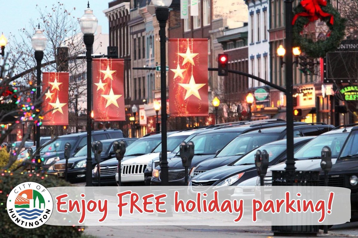 huntingtoncity's tweet photo. The City of Huntington will offer free parking at all of its metered spaces in the downtown on the following dates to encourage holiday shopping: 11/27, 12/4, 12/11, 12/18 and 12/24. As a reminder, parking is always free at metered spaces on Saturdays and Sundays. https://t.co/mmhUQgshsg