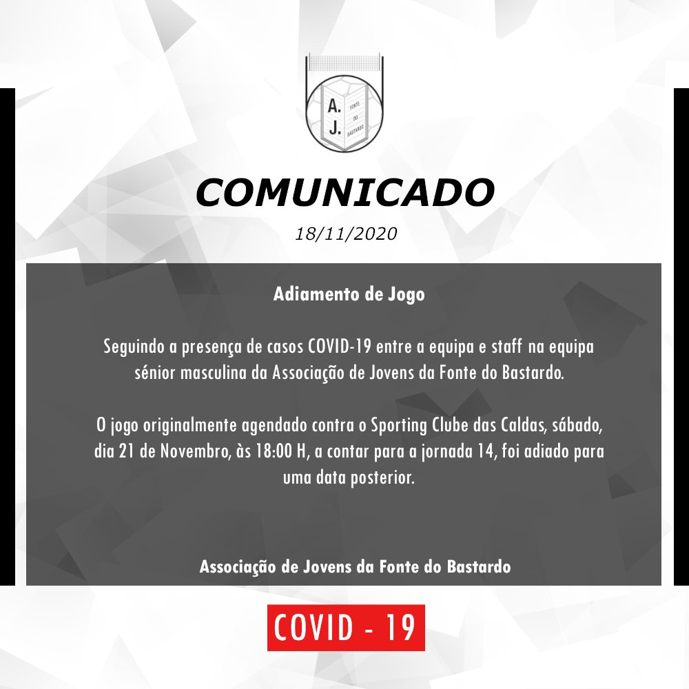 fontebastardo's tweet photo. 📜 COMUNICADO ADIAMENTO DE JOGO 
➡️ Seguindo a presença de casos COVID-19 entre a equipa e staff na equipa sénior masculina da Associação de Jovens da Fonte do Bastardo.
O jogo originalmente agendado contra o Sporting Clube das Caldas, foi adiado para uma data posterior https://t.co/xhKZAi0MgB