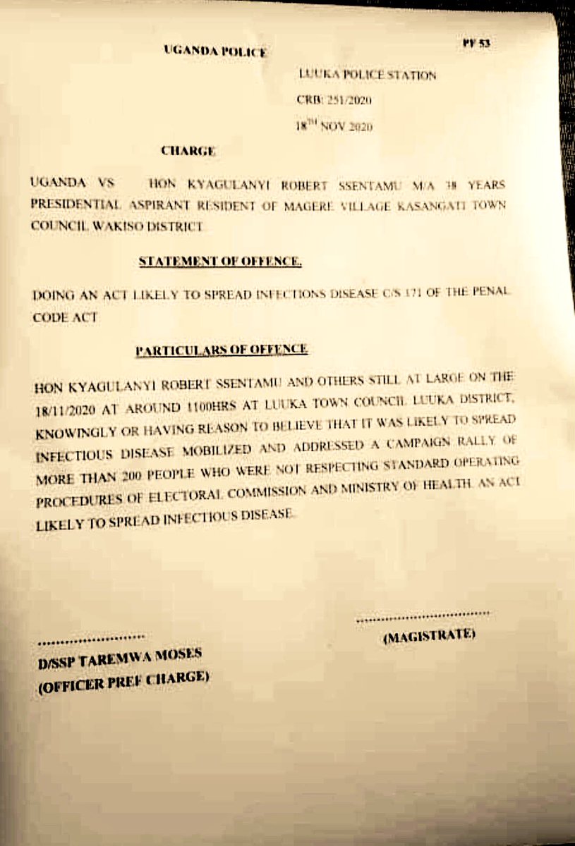 BuffaloSoldierA's tweet photo. CHARGE SHEET
LUUKA Police Stn
@HEBobiwine detained in Nalufenya for “doing an act likely to spread infectious disease”
Did this warrant excess brutality?🙄
#LevelTheGround⚖️
#FreeBobiWine
#StopStateTerrorism
#StopPoliceBrutality
*It’s @PoliceUg’s duty to man venues & regulate nos https://t.co/uo6EPmsPVZ
