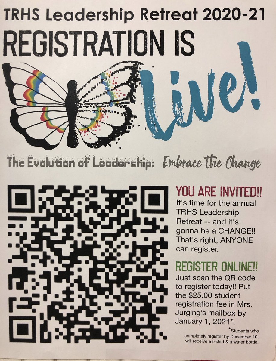 trhsleadership's tweet photo. Are you signed up for the virtual leadership retreat? It is open to all! No matter age or grade! If you went last year, we would love to see your face again this year! 😁 This retreat will be BIG! Filled with lots of goodies if you register by December 10th! Those will be needed! https://t.co/8lCETeT64W