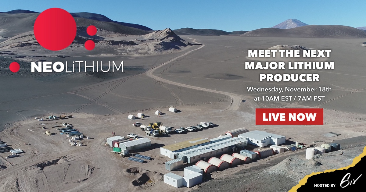 We are #live now with <a href="/NeoLithiumCorp/">Neo Lithium Corp</a> for their #investor #summit! Don't miss your chance to meet the next major #lithium producer. bit.ly/3lj2b0f 

$NLC $NTTHF #6ixsummits