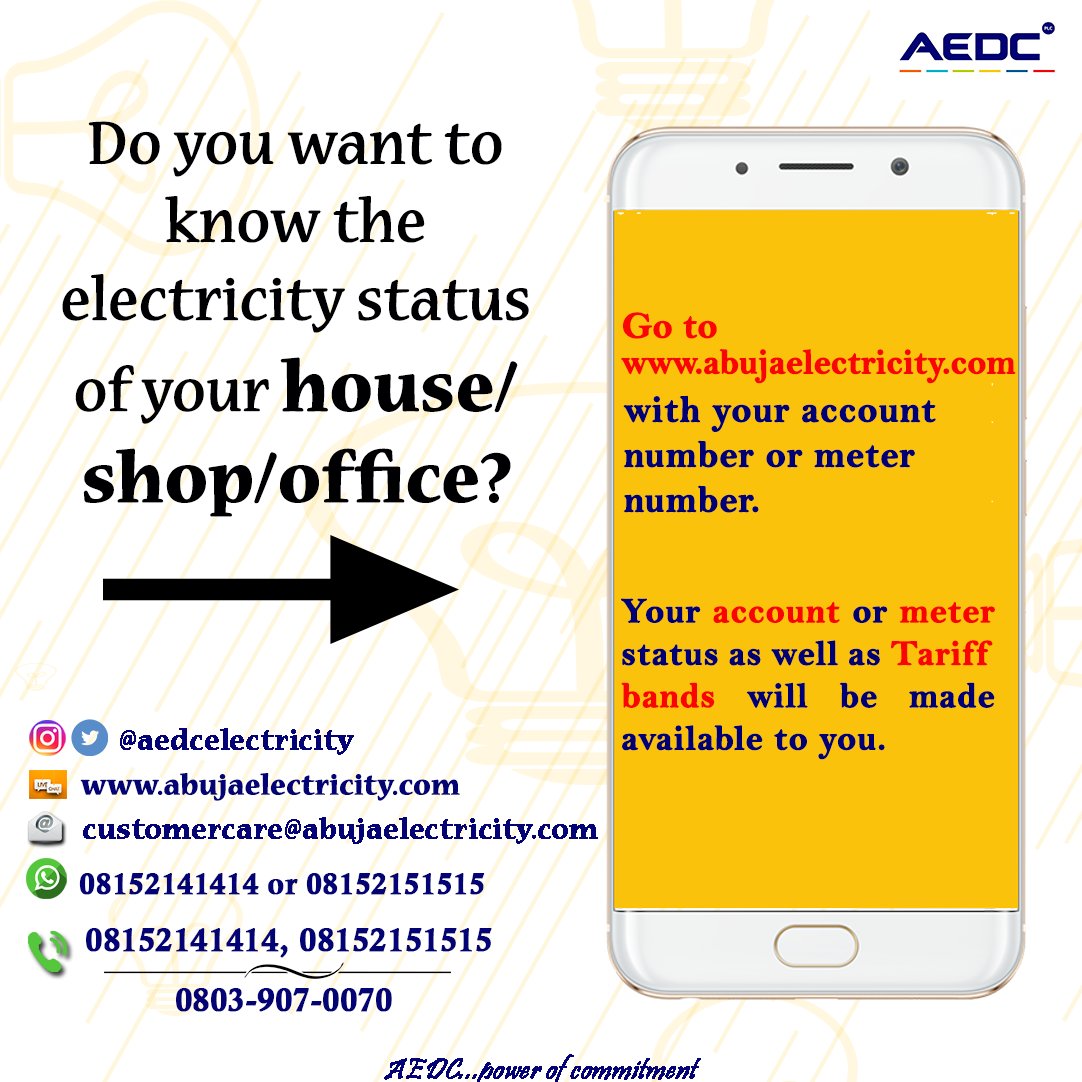 aedcelectricity's tweet photo. Want to know your electricity account status, tariff band or the number of hours of your power supply under the Service Reflective Tariff?
Click on https://t.co/wggfVZaDhK for this information.
#powerofcommitment #electricitystatus #tariffband https://t.co/EVzRN2MjSS