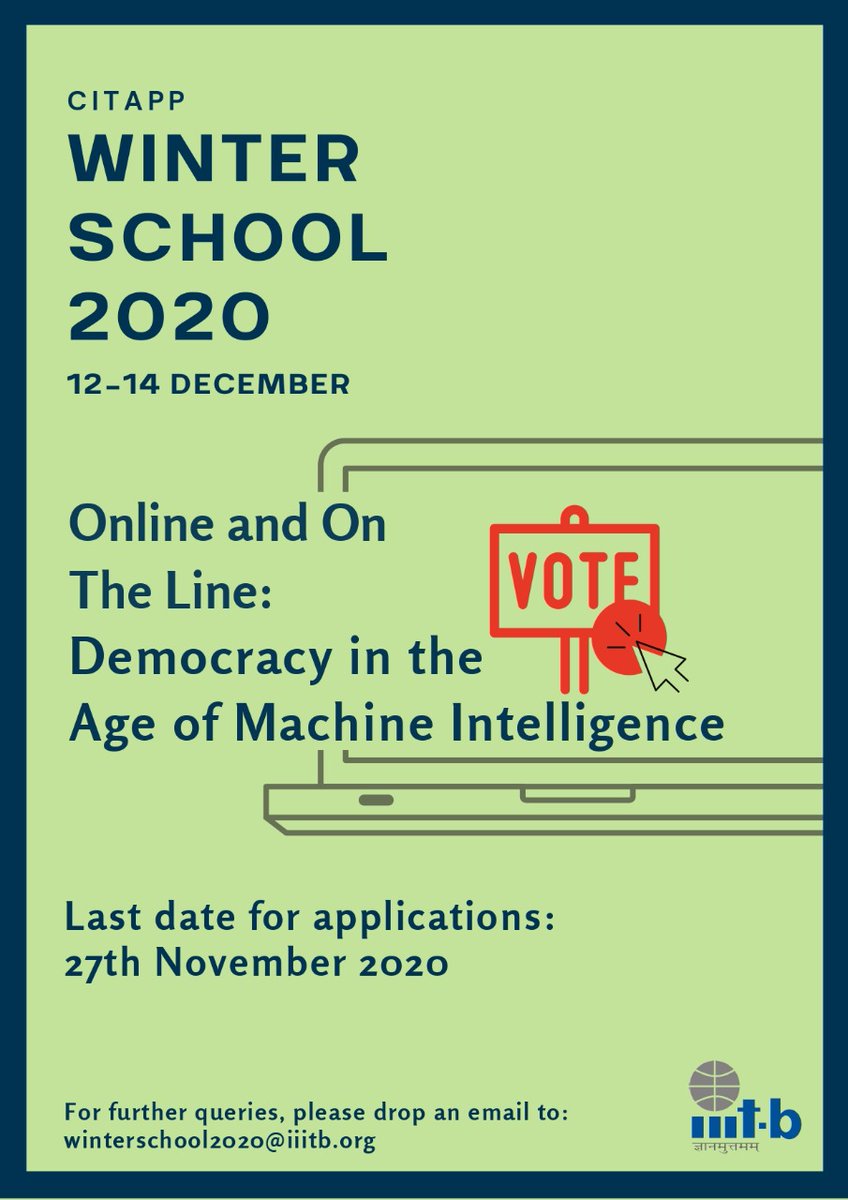 IIITB_official's tweet photo. Centre for IT and Public Policy (CITAPP), IIIT Bangalore is organising a Winter School during December 12-14, 2020.
The call for application is open now. The last date of application is 27th November 2020.
For details: https://t.co/sphv8OhDkf
#IIITB #IIITBangalore #CITAPP https://t.co/D44W5Wtu5P