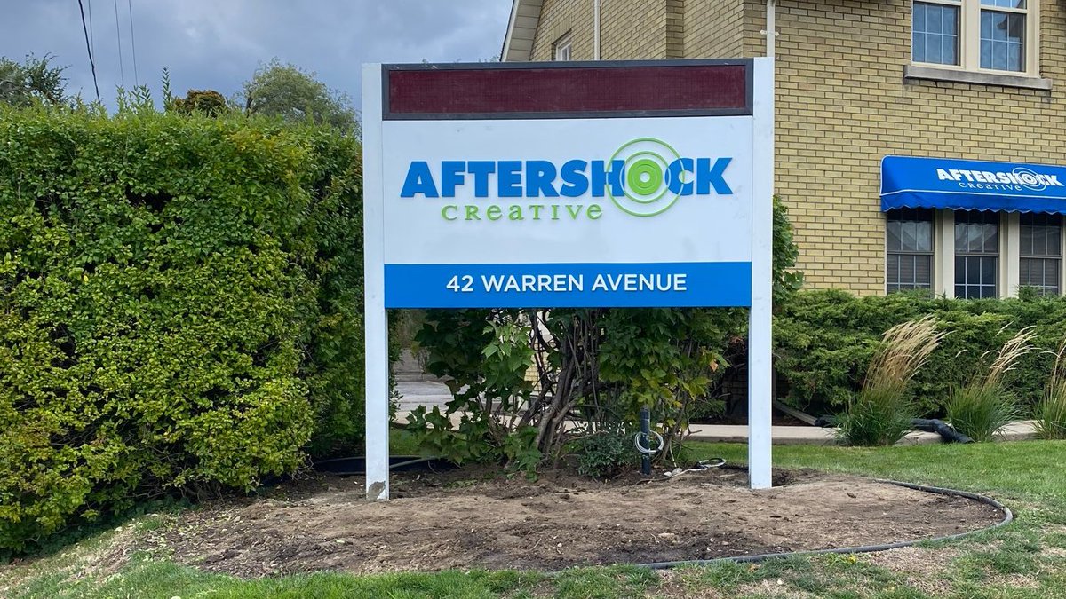 Pylon Sign for AFTERSHOCK Creative completed #Calibre_Signs #pylonsign #postandpanelsign #whitbysigns