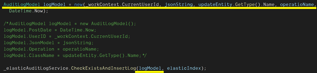 CoderBora's tweet photo. Solution'daki bir Class'ı Record'a çevirirsek ne olur? ElasticSearc'de kullanılan AuditLogModel'i record'a çevirdim. Kodlar tek satıra indi :) Repository katmanında da implementasyonu 1 satıra düştü. Sonunda bir user'ı güncelleyip, Kibanadan bakılınca her şey yolunda idi😉 #net50 https://t.co/Z472AU5A9C