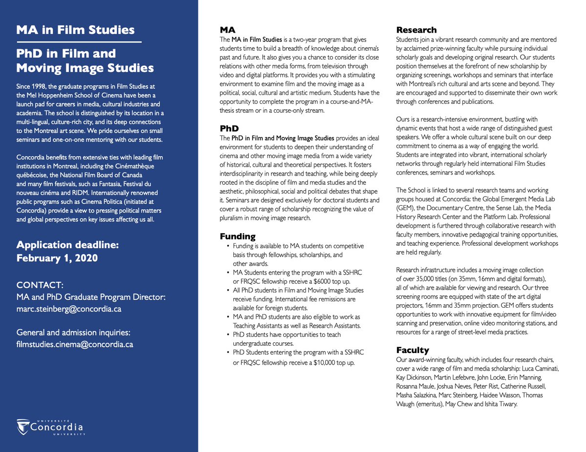 msteinbrg's tweet image. Prospective MA and PhD students: Please consider applying to Concordia Film &amp;amp; Moving Image Studies! Excellent programs, fantastic research environment, world-renown profs, and Montreal, a vibrant film city. Competitive funding. Do apply! Profs, please RT &amp;amp; advise students