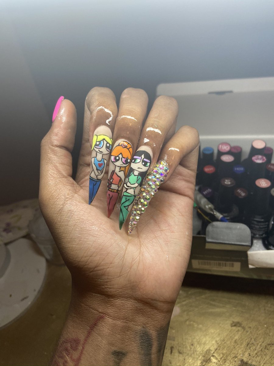 ColorMeAnn1's tweet photo. Some Hand Drawn Cartoon Nails I Have Done In the Past Year! What should I draw next? #topekanailtech https://t.co/3NXbwUL4if
