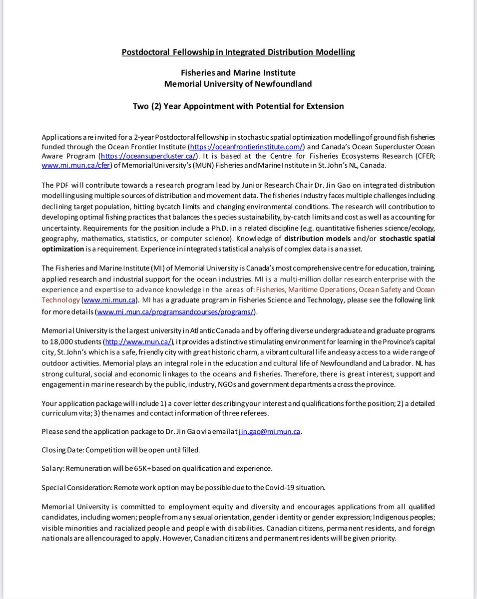 Looking for a postdoc on fish distribution modeling and spatial optimization for fishing practices!  @arnolebris <a href="/A_genti1e/">Alessandra Gentile</a> <a href="/mkoenalonso/">Mariano Koen-Alonso (He/Him)</a> <a href="/LetsFishSmarter/">Brett Favaro</a> <a href="/marineinstitute/">Marine Institute, Memorial University</a> <a href="/MemorialU/">Memorial University</a> @stawitz <a href="/tyzissou/">Tyler Eddy</a> <a href="/margaretsiple/">Margaret Siple</a>