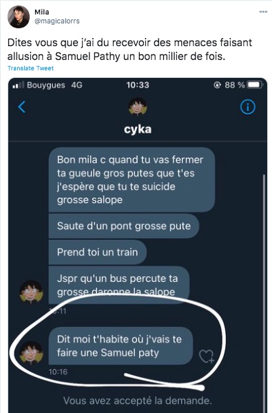 Et lorsque, sur les réseaux sociaux tant prisés par les élèves, la menace « j’vais te faire une Samuel Paty », énoncée à  #Mila, devient une expression générique faisant résonance, on comprend alors mieux la notion de « djihadisme d’atmosphère » évoqué par Kepel...22/25