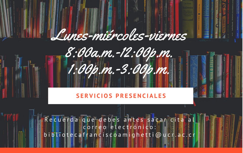 eap_ucr's tweet photo. Atención presencial de la Biblioteca Francisco Amighetti.
Con cita previa al correo electrónico bibliotecafranciscoamighetti@ucr.ac.cr y cumplir con el protocolo sanitario.

#ArtesPlasticasUCR #SoyArtesPlasticas #SomosArtesPlasticas #UCR #UniversidadDeCostaRica #CostaRica https://t.co/gYX8LOJ1H9