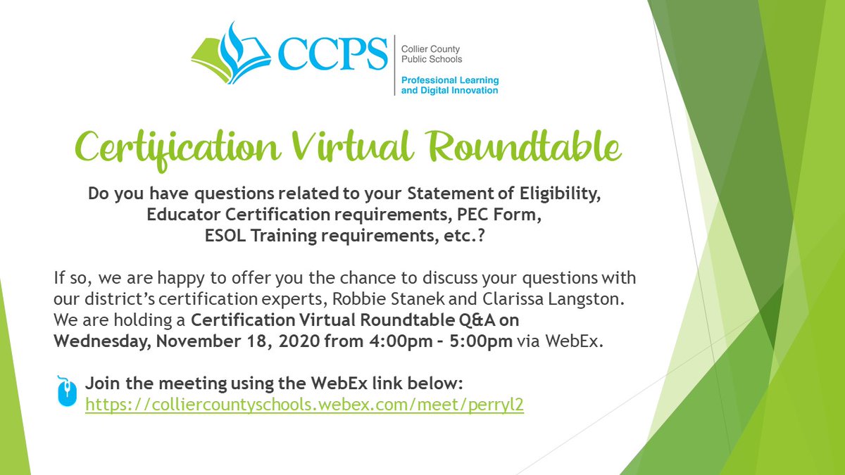 CCPSiLearn's tweet image. We hope to see you at tonight&apos;s Certification Virtual Roundtable from 4:00pm - 5:00pm. 

Click here to join us at 4:00pm! colliercountyschools.webex.com/meet/perryl2

@collierschools
  #newteachers #CCPSedu #CCPSeduPDCP #CCPSProud