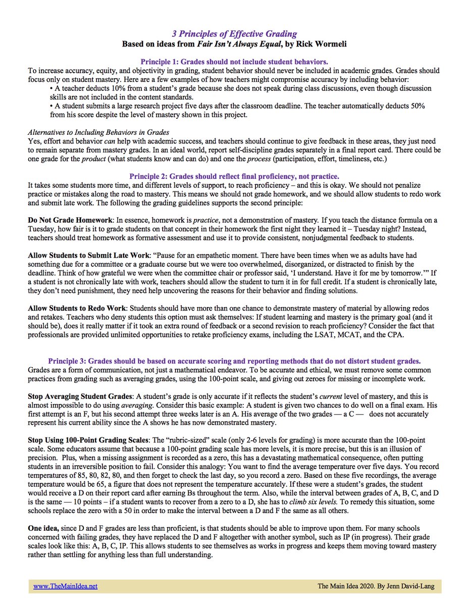 The_MainIdea's tweet photo. Yes- to change teacher behavior about grading I suggest you start with MINDSET. 

Here's my 1-pager: 3 Essential Principles of EFFECTIVE GRADING based on Fair Isn't Always Equal by @rickwormeli2. Reach out if you'd like the pdf.

Discuss this 1-pager at your next staff meeting https://t.co/NBypyBGMuX