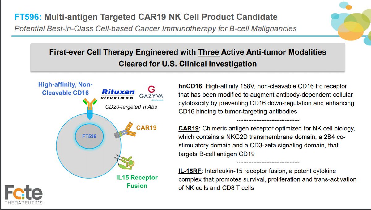 FT596 embeds a CD19 CAR and is combined with CD20 mab in b cell lymphoma. Great concept. So far, 1 PD, 1 PR.  $GMDA plain-vanilla NK + rituxin has 10 CRs in 15 tries in similar population.So  $FATE has to leap a high bar, here.
