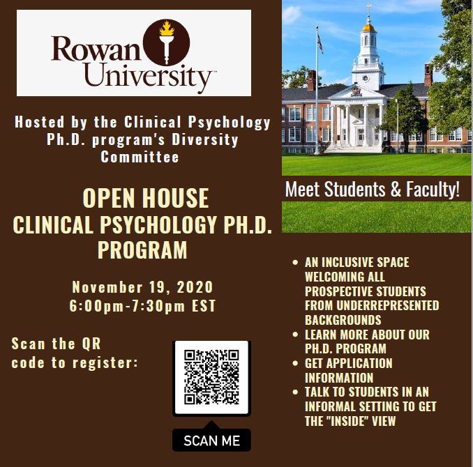 Interested in applying to Clinical Psychology PhD programs? Come virtually meet Rowan University's students and faculty and learn about our program and more!
