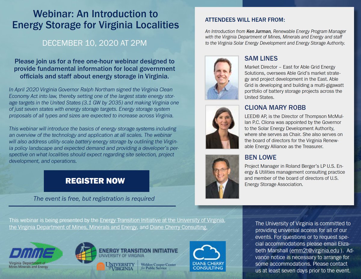 DianeDCherry's tweet photo. Calling all Commonwealth of Virginia local gov't officials/planners/regional economic developers. Want to learn about #energystorage on the landscape? Webinar on 12/10 at 2pm. Registration here. https://t.co/f7Tr8aMujX Hear from @BenjaminYLowe @RolandBerger Sam Lines Able Grid. https://t.co/arm1CfUqT5