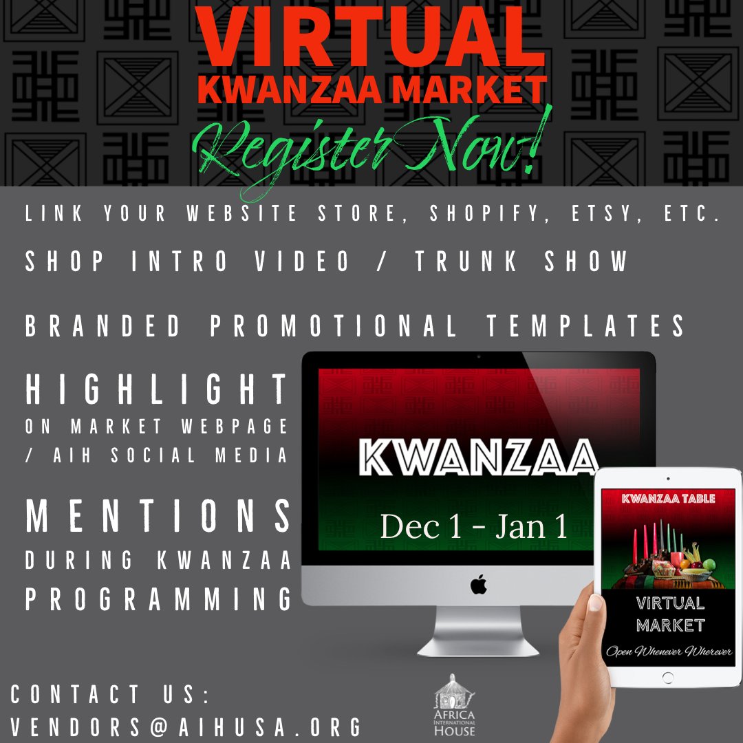 AIHChicago's tweet photo. Attention Merchants! Register Now for the 2020 Virtual Kwanzaa Market. https://t.co/seB0t4UOHr https://t.co/0fOUPtVeQw