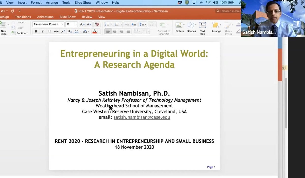 EIASM_org's tweet photo. First keynote speech of #RENT2020 – Prof. @SatishNambisan  (@cwru ). “Entrepreneuring in a Digital World: A Research Agenda”. https://t.co/0V3QZaVDNh