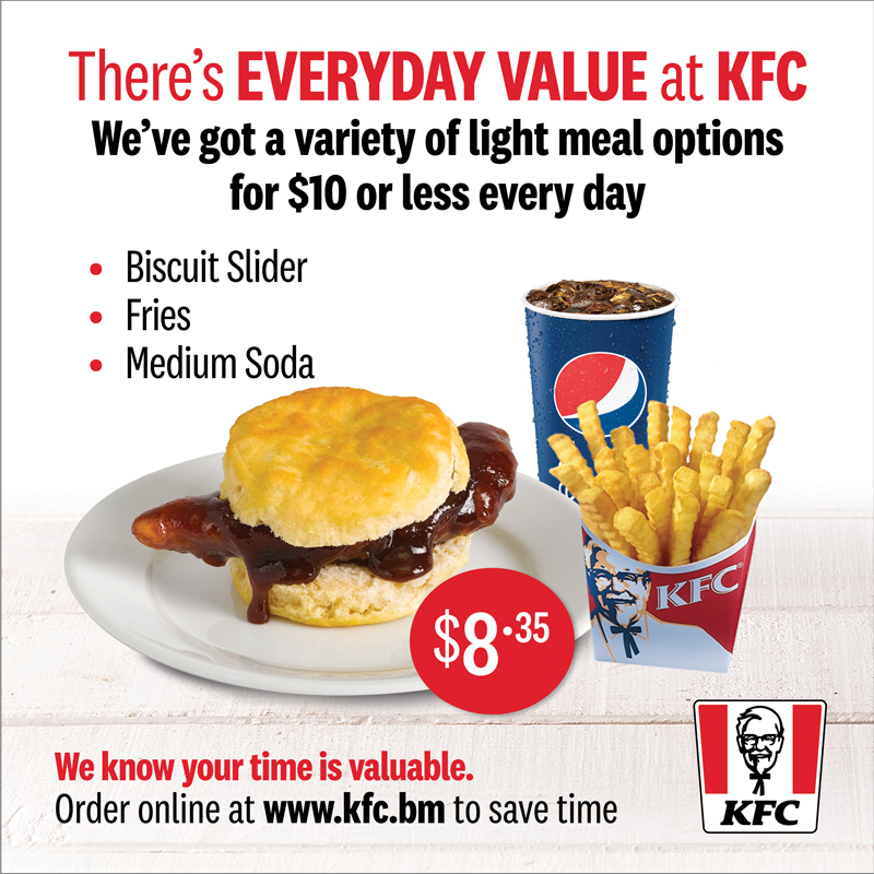 How about lunch today?
We've got a variety of light meal options for $10 or less every day. Order online at kfc.bm #KFC
