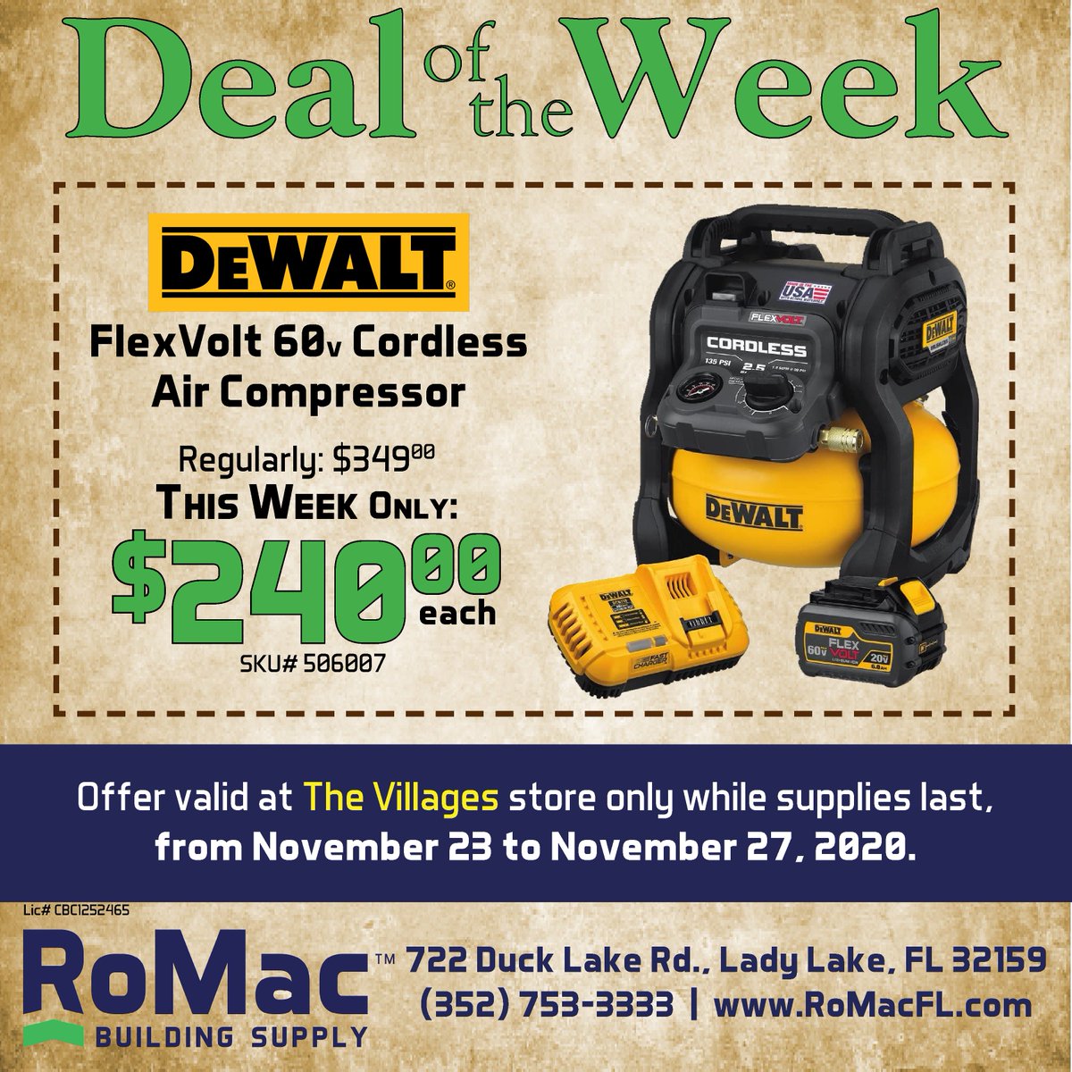 Lumber_RoMac's tweet photo. Drop by our location in The Villages to get a DeWalt FlexVolt Cordless Air Compressor for only $240! 
#DealOfTheWeek #DOW #TheVillages #Florida #CentralFlorida #DeWalt #AirCompressor #OnSale https://t.co/QysgdOivoM