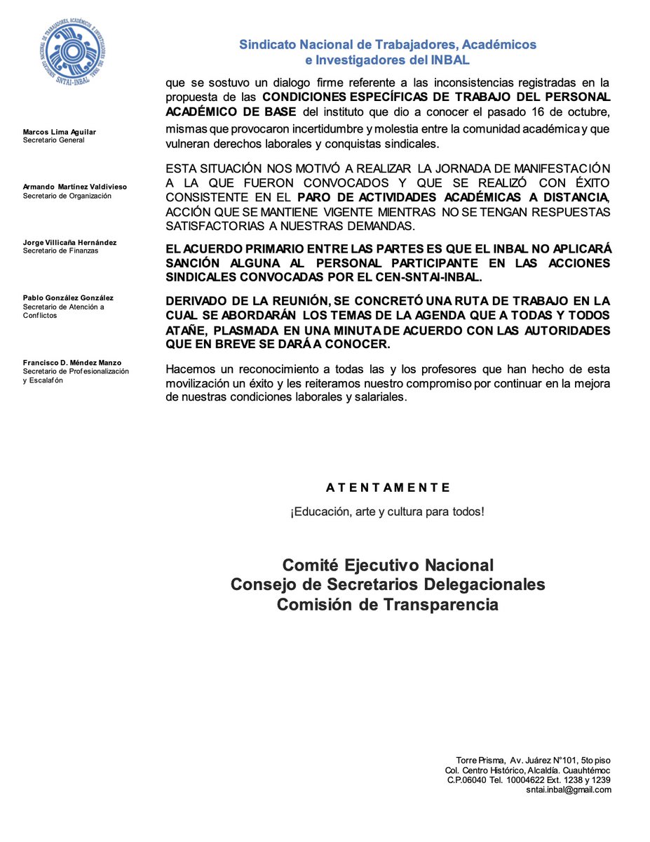 paro_inbal's tweet photo. Comunicado no. 3 del SNTAI INBAL del 17 de noviembre de 2020 #edinbal #edinba #parodocentesinbal @bellasartesinba @LucinaJimenez https://t.co/hJM9Ka1k7U