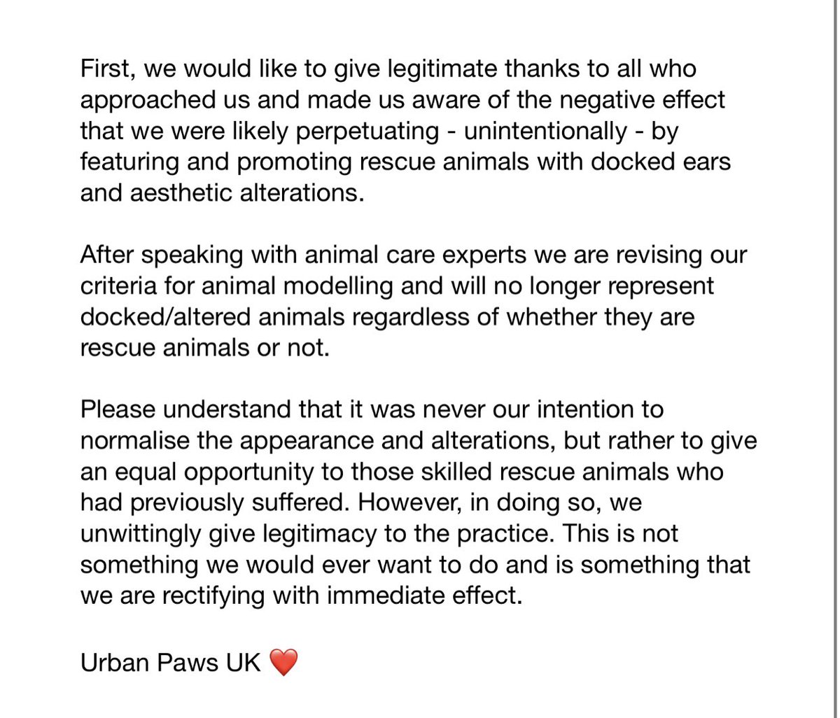 Great news! @UrbanPawsuk have listened to our concerns & issued this statement.

It’s OK to not realise the cruelty behind cropped ears, it is rarely discussed &, of course, not the dog’s fault.

But it is important we don’t, even unwittingly, promote it.

Thank you @UrbanPawsuk!