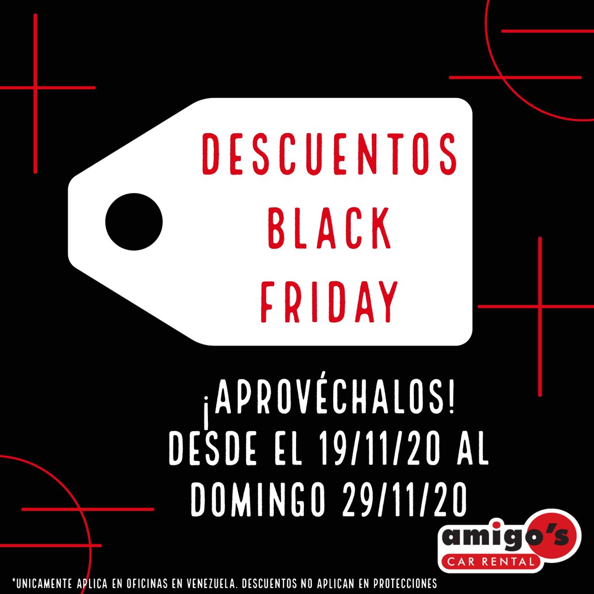 Lo que estabas esperando Amigo's Car Rental Venezuela tiene descuentos de Black Friday desde el jueves 19 de noviembre hasta el domingo 29 de noviembre. ¡Aprovécha los descuentos!

Recuerda que puedes comunicarte con nosotros a través del 📱 Whatsapp  (0426) 5190482 ⁣⁣