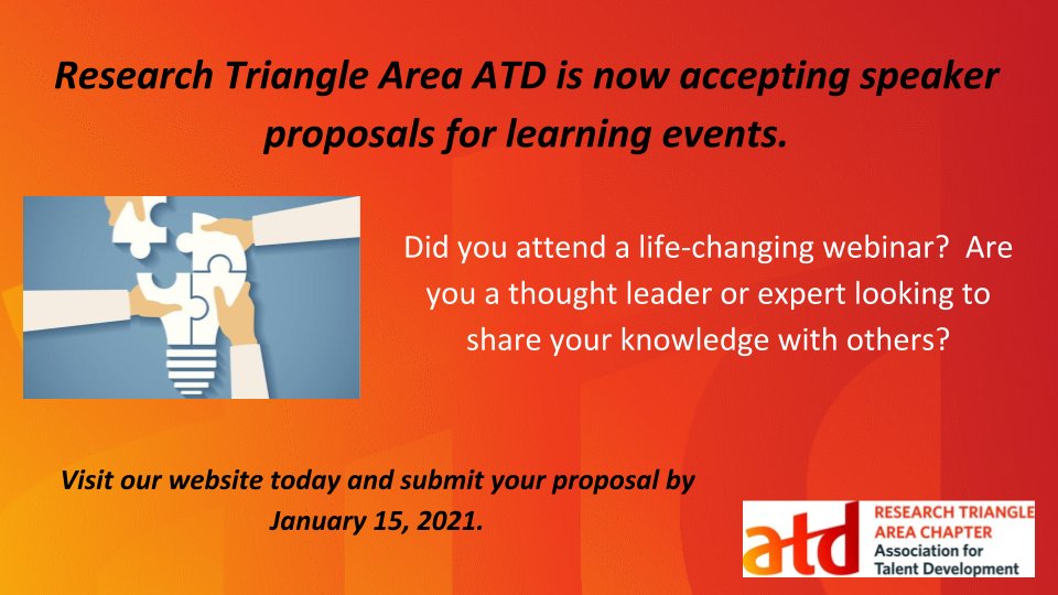 Start the new year with new friends and colleagues. Here's a great opportunity to get in front of a new audience by submitting a proposal to speak to our neighboring ATD Research Triangle Area chapter.
tdrta.org/Request-for-Sp…