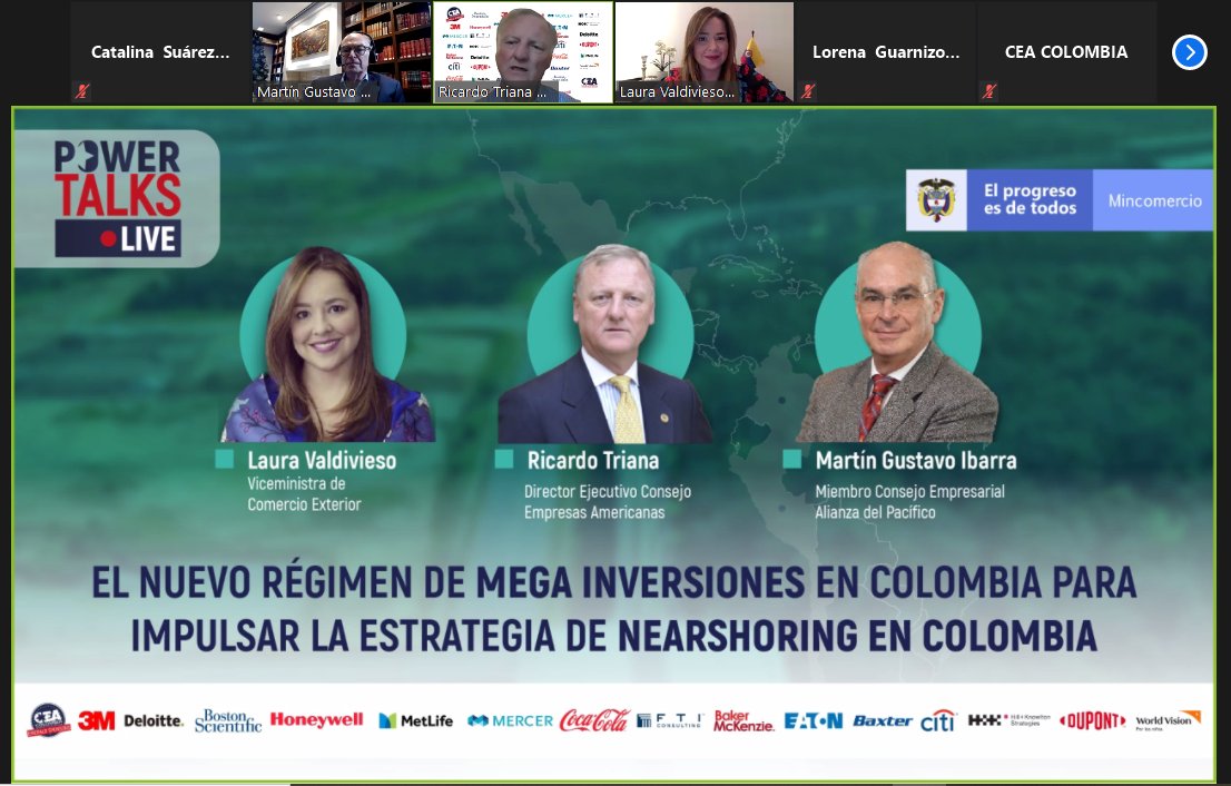 CEAColombia's tweet photo. ¡Comenzamos!
Empezó nuestro #PowerTalkLive junto a @LauraValdivieso, Viceministra de @MincomercioCo y Martín Gustavo Ibarra, Miembro Consejo Empresarial de @A_delPacifico para hablar sobre el nuevo régimen de mega inversiones en Colombia para impulsar la estrategia Nearshoring. https://t.co/zObVVeFY2P